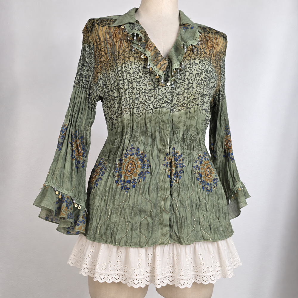 Y2K Fairy Boho Beaded Bell Sleeve Floral Top Green Size Medium Pleated